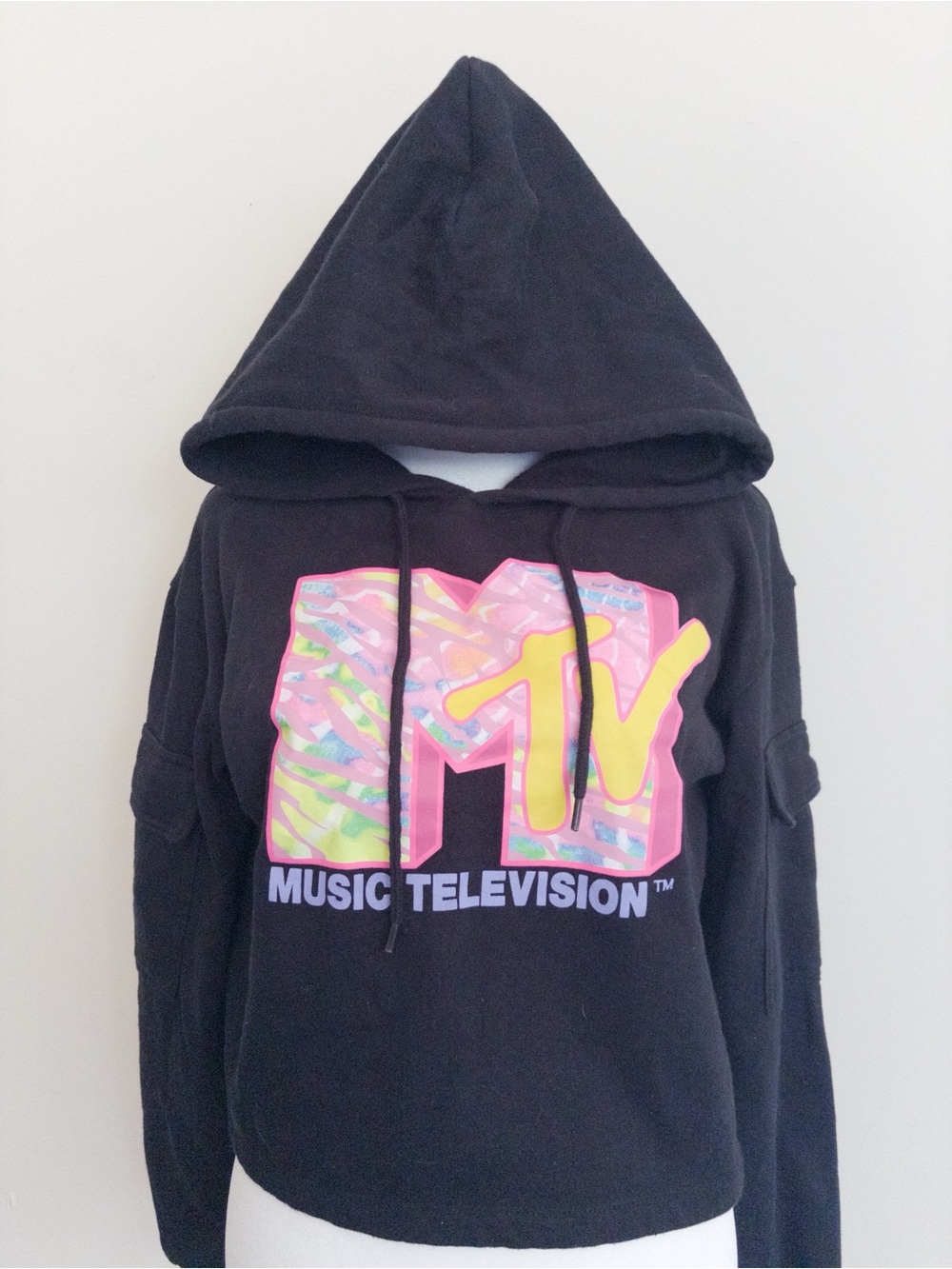 MTV Black Cropped Hoodie with Neon Logo
